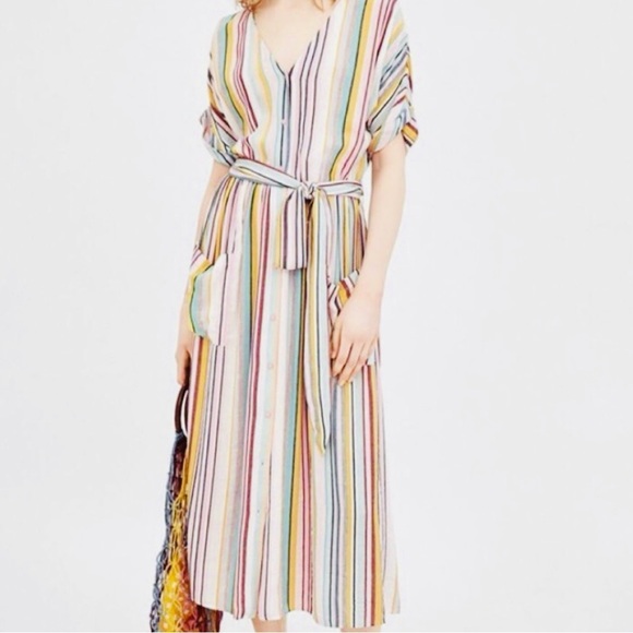 Chelsea & Theodore Linen Rainbow Candy Striped Multicolor V-Neck Shirt Dress 2X - Picture 2 of 6